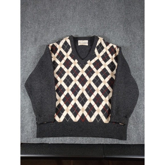 Vintage Braemar Scottish Wool V Neck Sweater Men Size Large Argyle Diamond Black